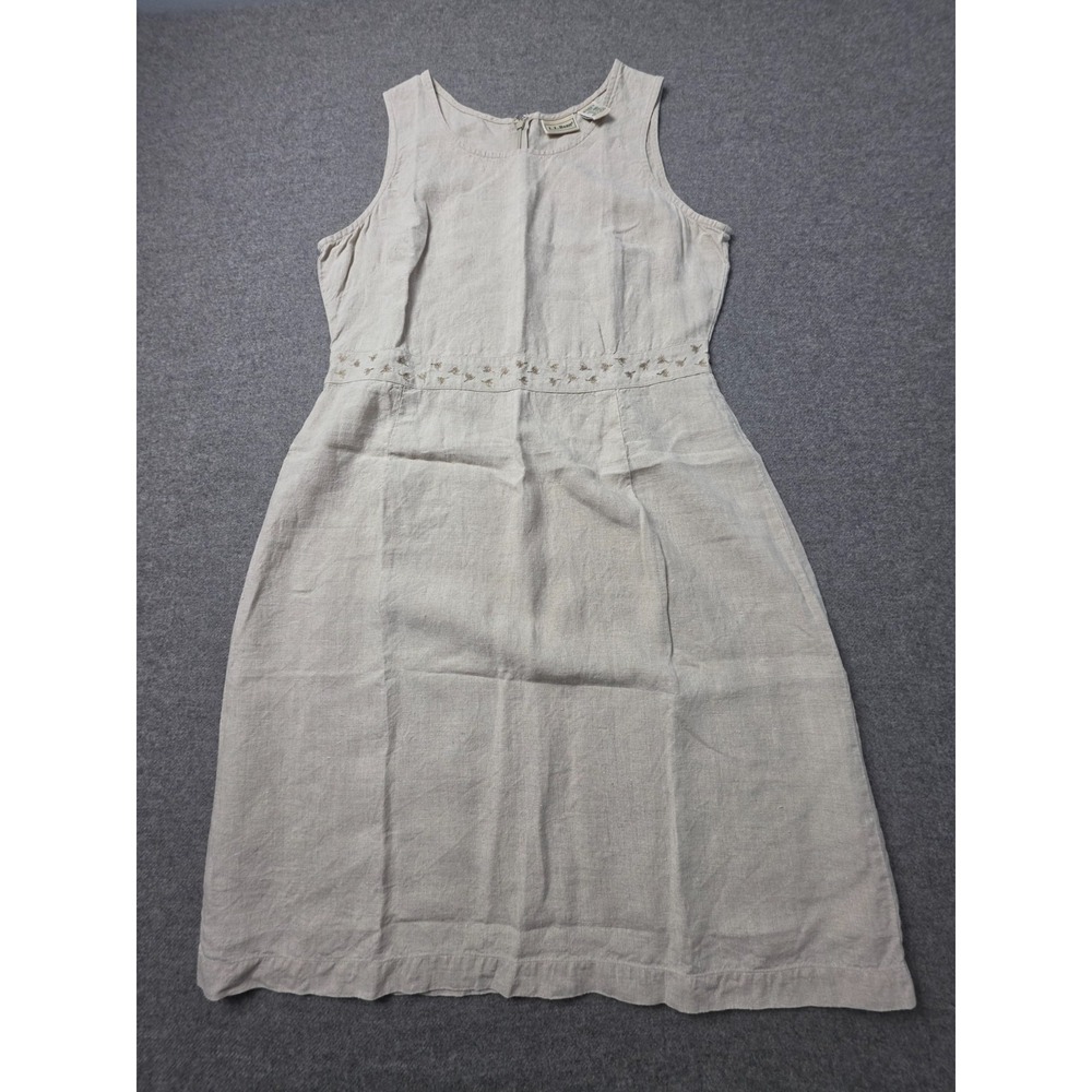 L.L. Bean Linen Sheath Dress Womens 12 Tan Sleeveless Embroidered Midi Classic